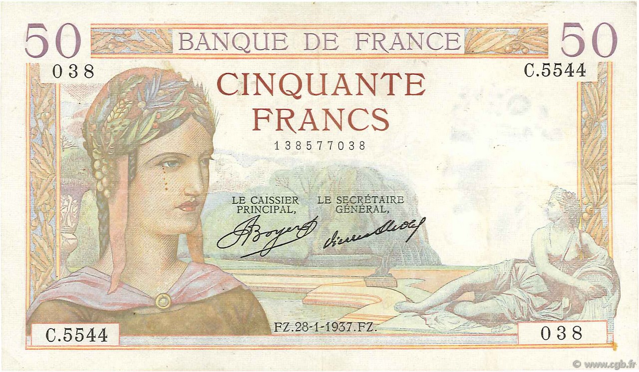 50 Francs CÉRÈS Grand numéro FRANCE  1937 F.17.33 TB+