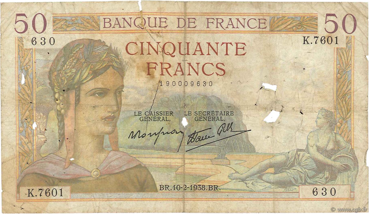 50 Francs CÉRÈS modifié FRANCE  1938 F.18.08 AB