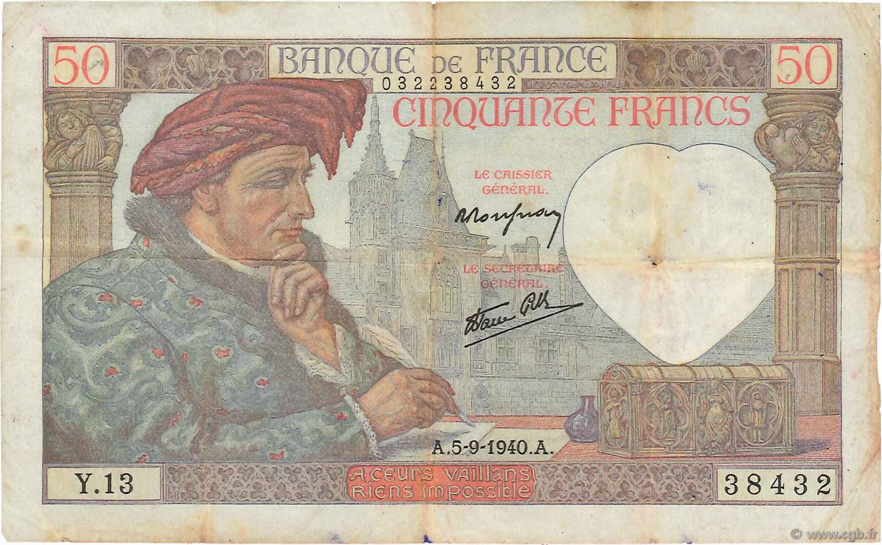 50 Francs JACQUES CŒUR FRANCE  1940 F.19.02 pr.TB