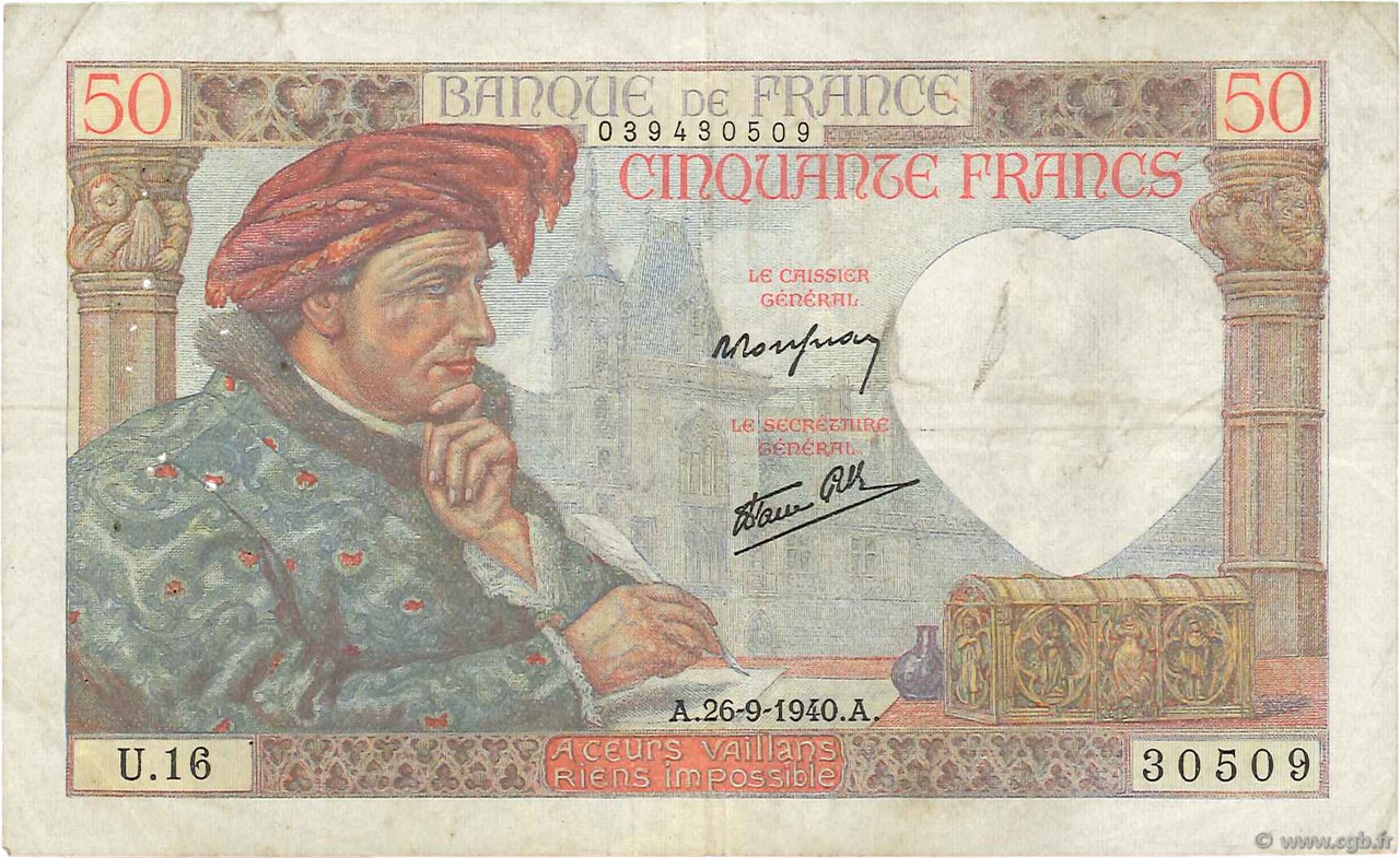 50 Francs JACQUES CŒUR FRANCE  1940 F.19.03 TB+
