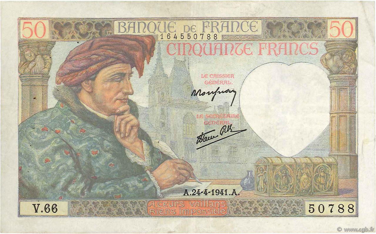 50 Francs JACQUES CŒUR FRANCE  1941 F.19.09 TTB