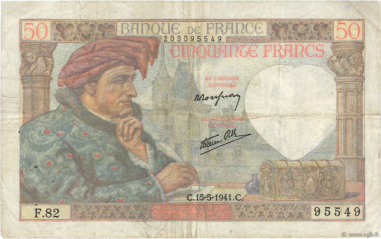 50 Francs JACQUES CŒUR FRANCE  1941 F.19.11 TB