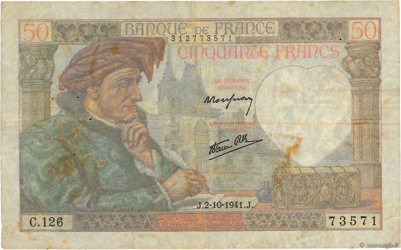50 Francs JACQUES CŒUR FRANCE  1941 F.19.15 B+