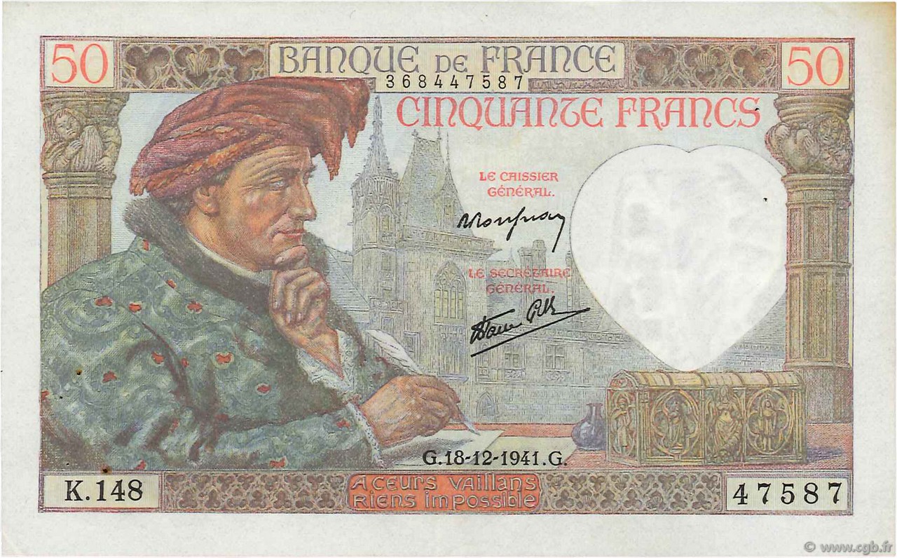 50 Francs JACQUES CŒUR FRANCE  1941 F.19.17 TTB+