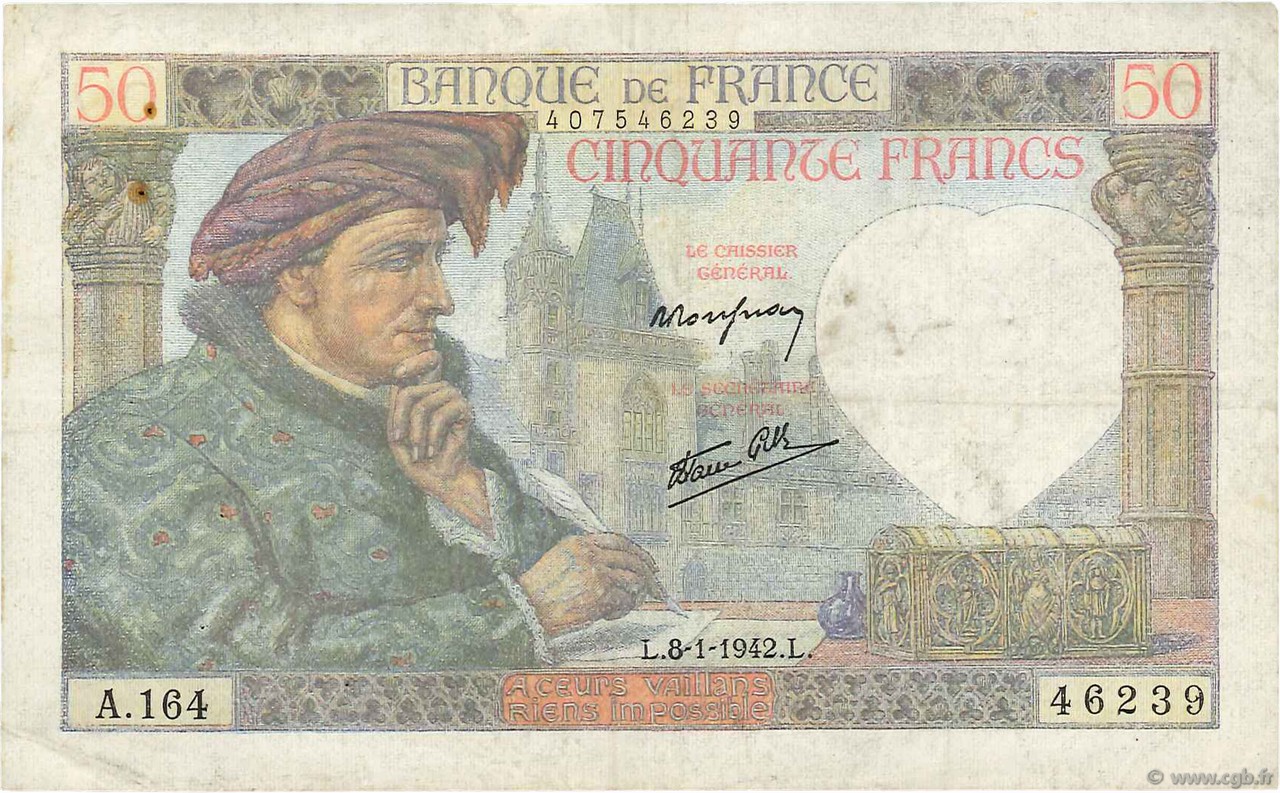 50 Francs JACQUES CŒUR FRANCE  1942 F.19.18 TB