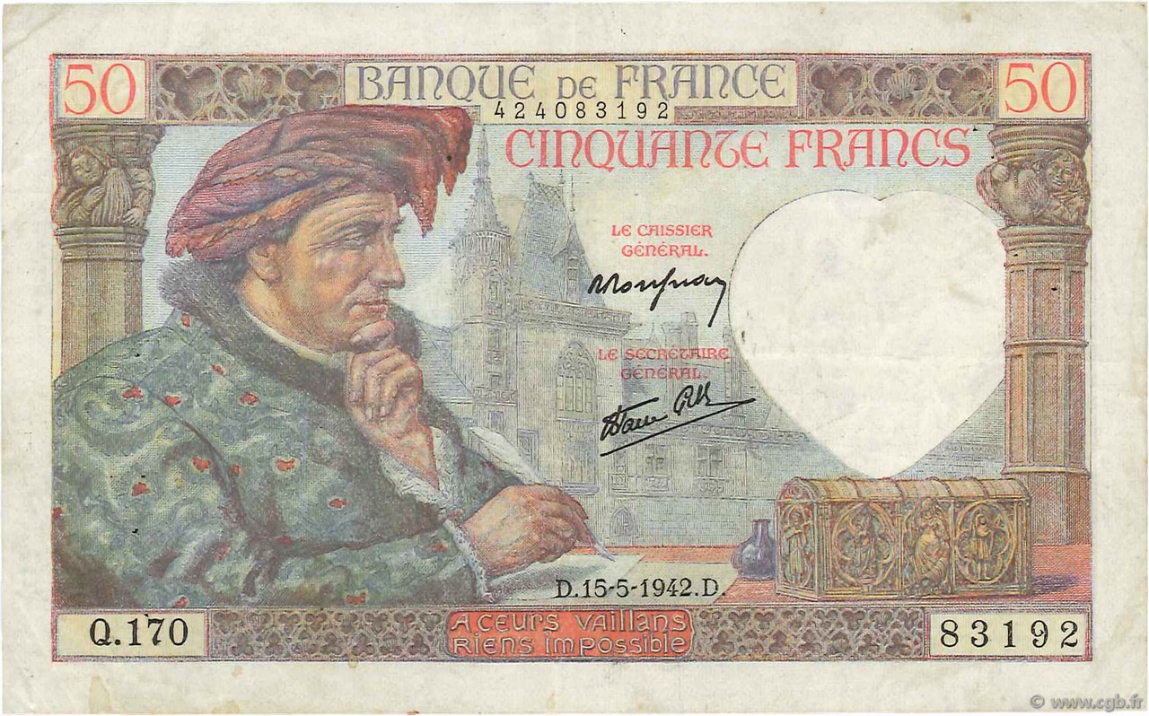 50 Francs JACQUES CŒUR FRANCE  1942 F.19.20 TB+