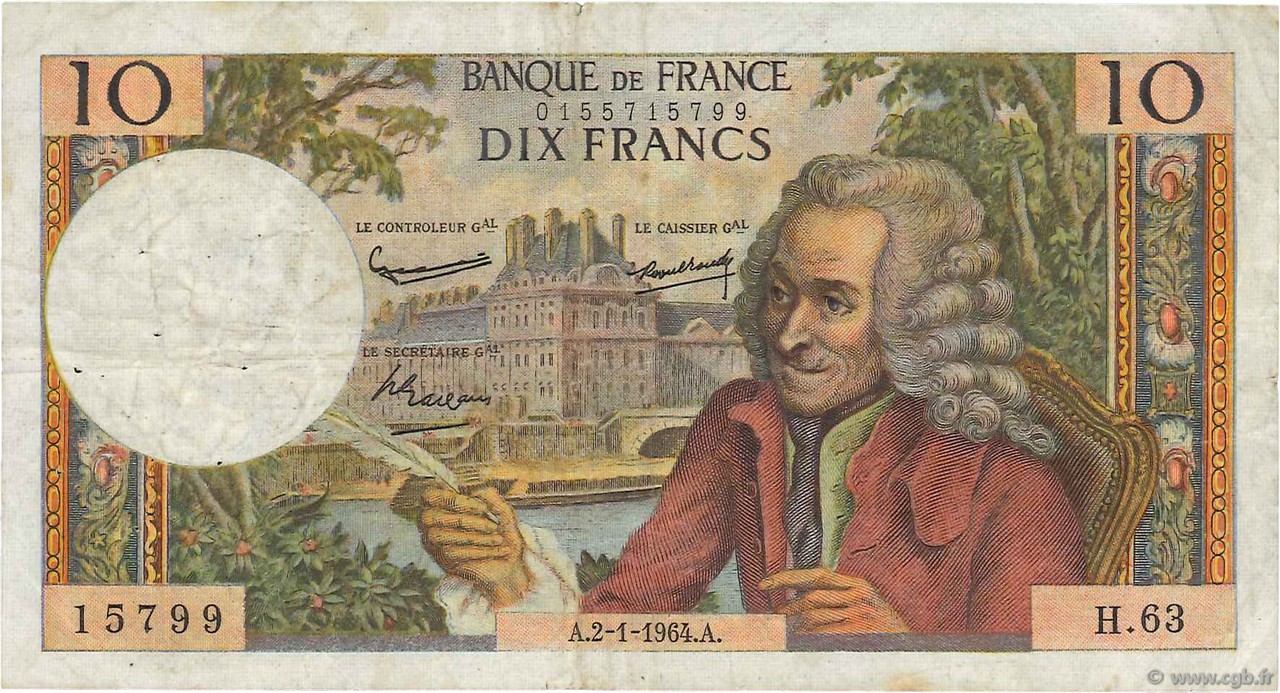 10 Francs VOLTAIRE FRANCE  1964 F.62.07 TB