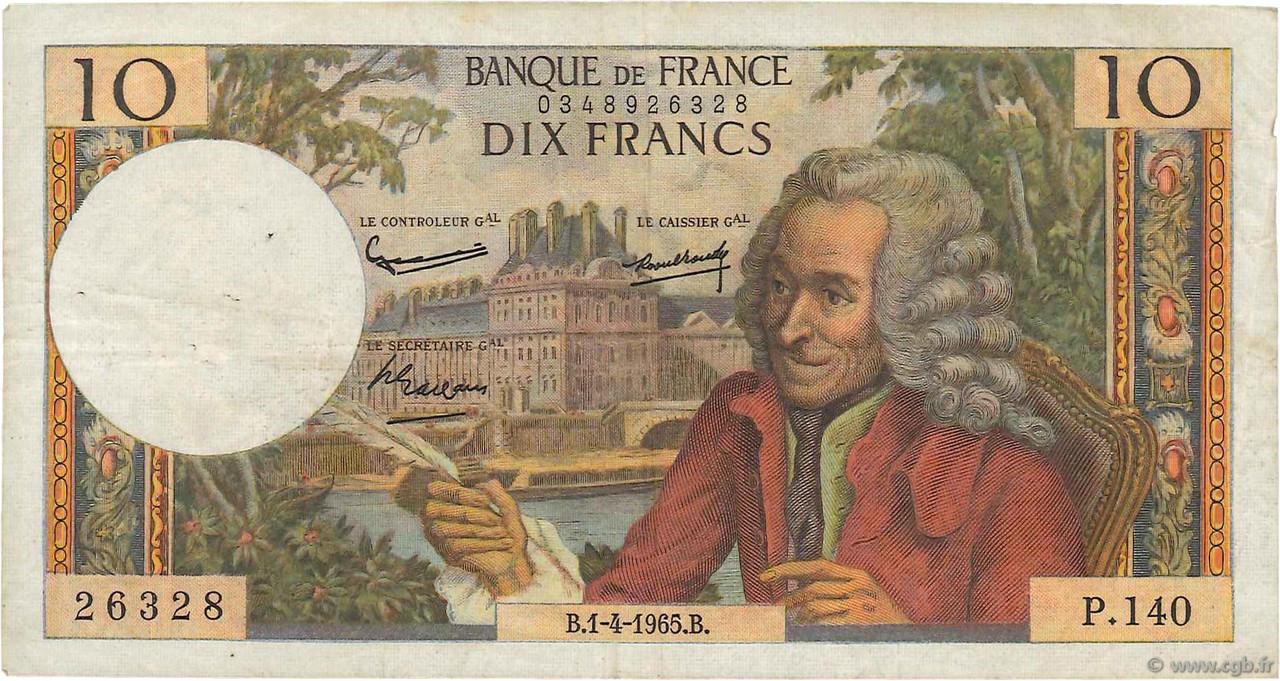 10 Francs VOLTAIRE FRANCE  1965 F.62.14 TB