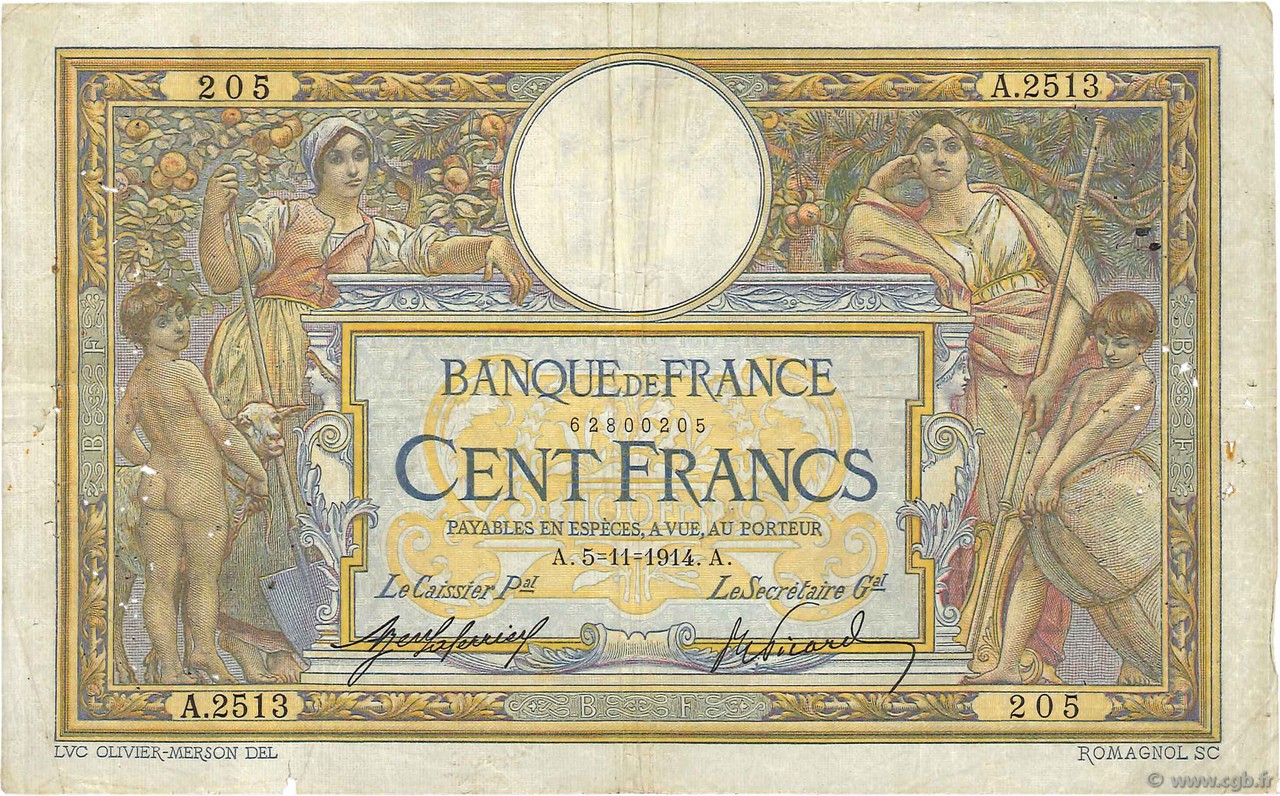 100 Francs LUC OLIVIER MERSON sans LOM FRANCE  1914 F.23.06 B+