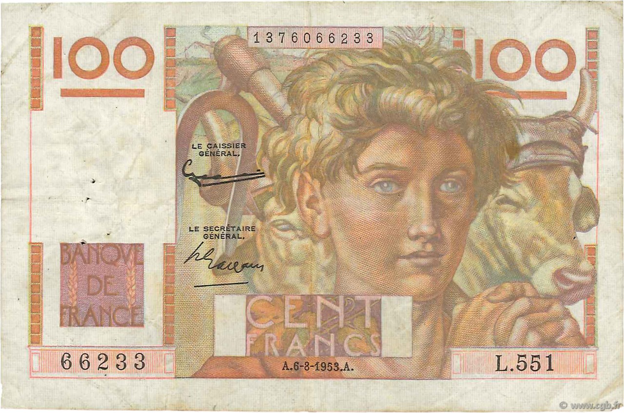 100 Francs JEUNE PAYSAN FRANCE  1953 F.28.38 TB
