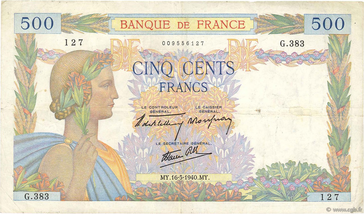 500 Francs LA PAIX FRANCE  1940 F.32.02 pr.TTB