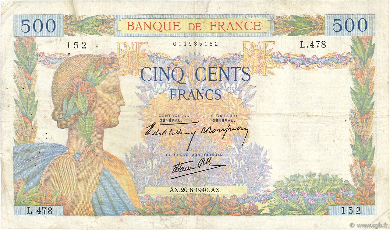 500 Francs LA PAIX FRANCE  1940 F.32.03 TB+