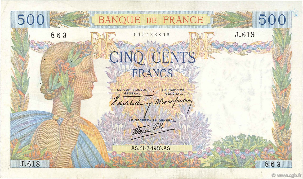 500 Francs LA PAIX FRANCE  1940 F.32.04 TTB