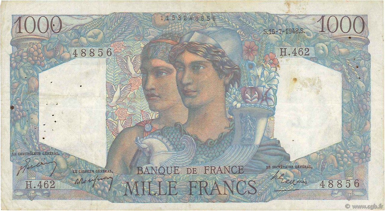 1000 Francs MINERVE ET HERCULE FRANCE  1948 F.41.22 TB+
