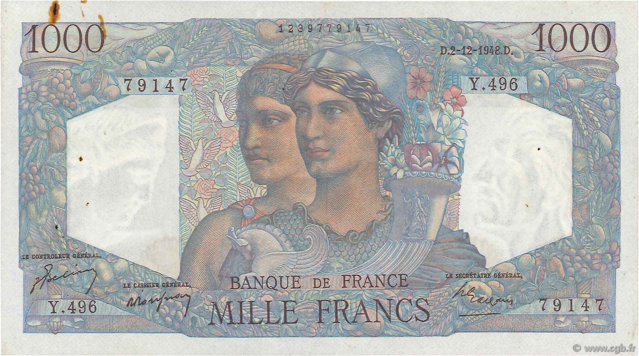 1000 Francs MINERVE ET HERCULE FRANCE  1948 F.41.24 TTB