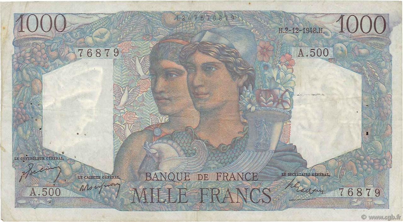 1000 Francs MINERVE ET HERCULE FRANCE  1948 F.41.24 TB+