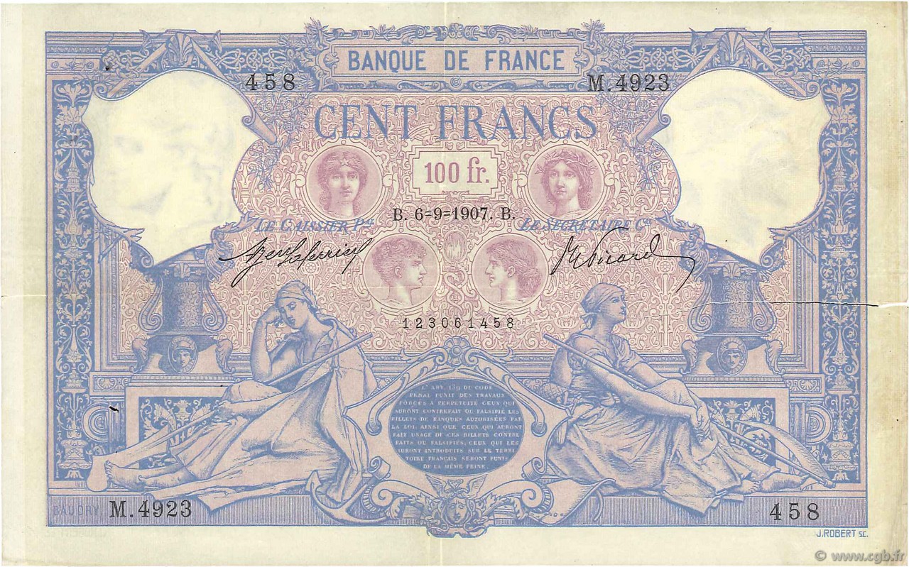 100 Francs BLEU ET ROSE FRANCE  1907 F.21.22 TTB