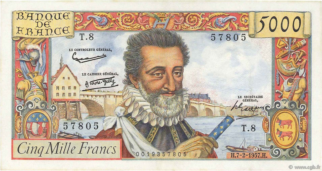5000 Francs HENRI IV FRANCE  1957 F.49.01 SUP