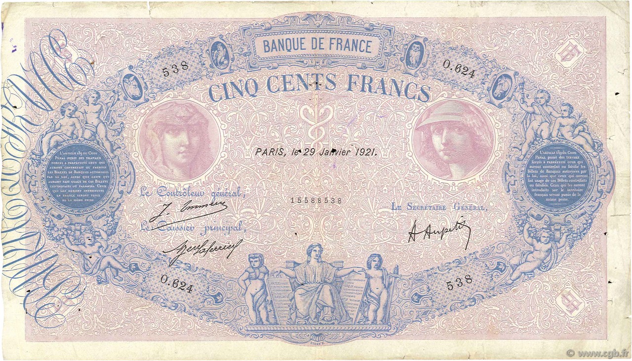 500 Francs BLEU ET ROSE FRANCE  1921 F.30.25 B+