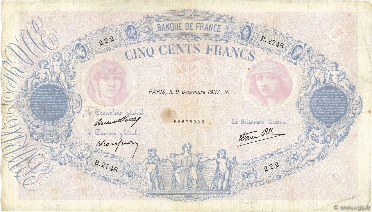 500 Francs BLEU ET ROSE modifié FRANCE  1937 F.31.05 TB