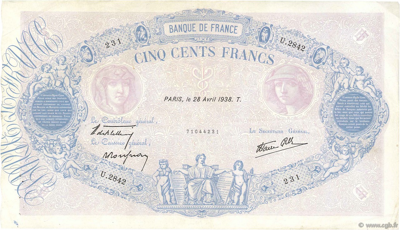 500 Francs BLEU ET ROSE modifié FRANCE  1938 F.31.09 VF