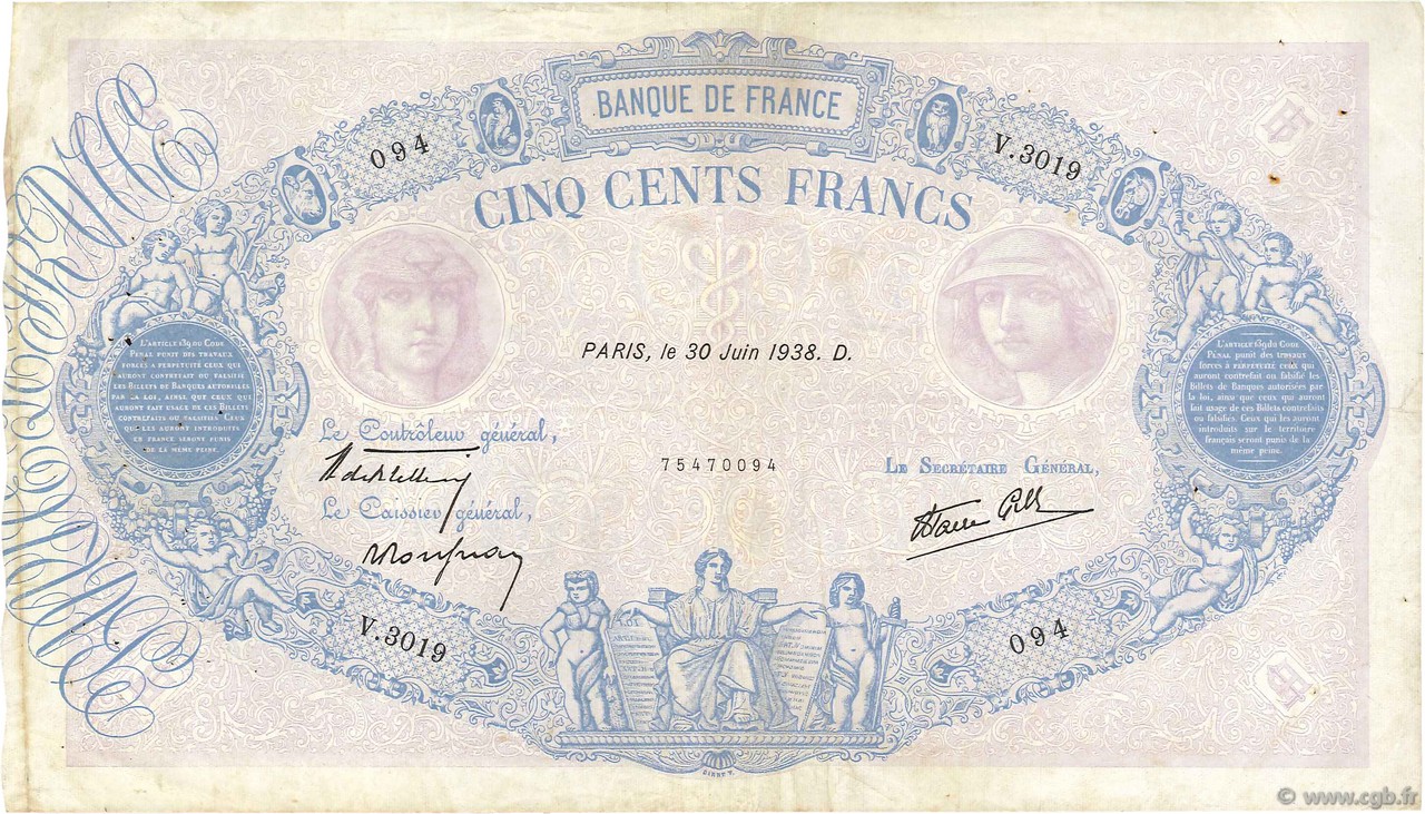 500 Francs BLEU ET ROSE modifié FRANCE  1938 F.31.17 TB+