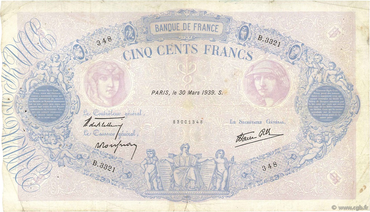 500 Francs BLEU ET ROSE modifié FRANCE  1939 F.31.29 B+