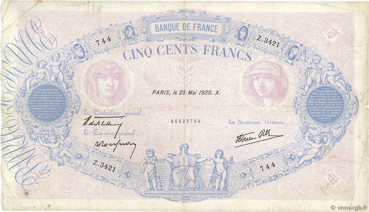 500 Francs BLEU ET ROSE modifié FRANCE  1939 F.31.33 TB