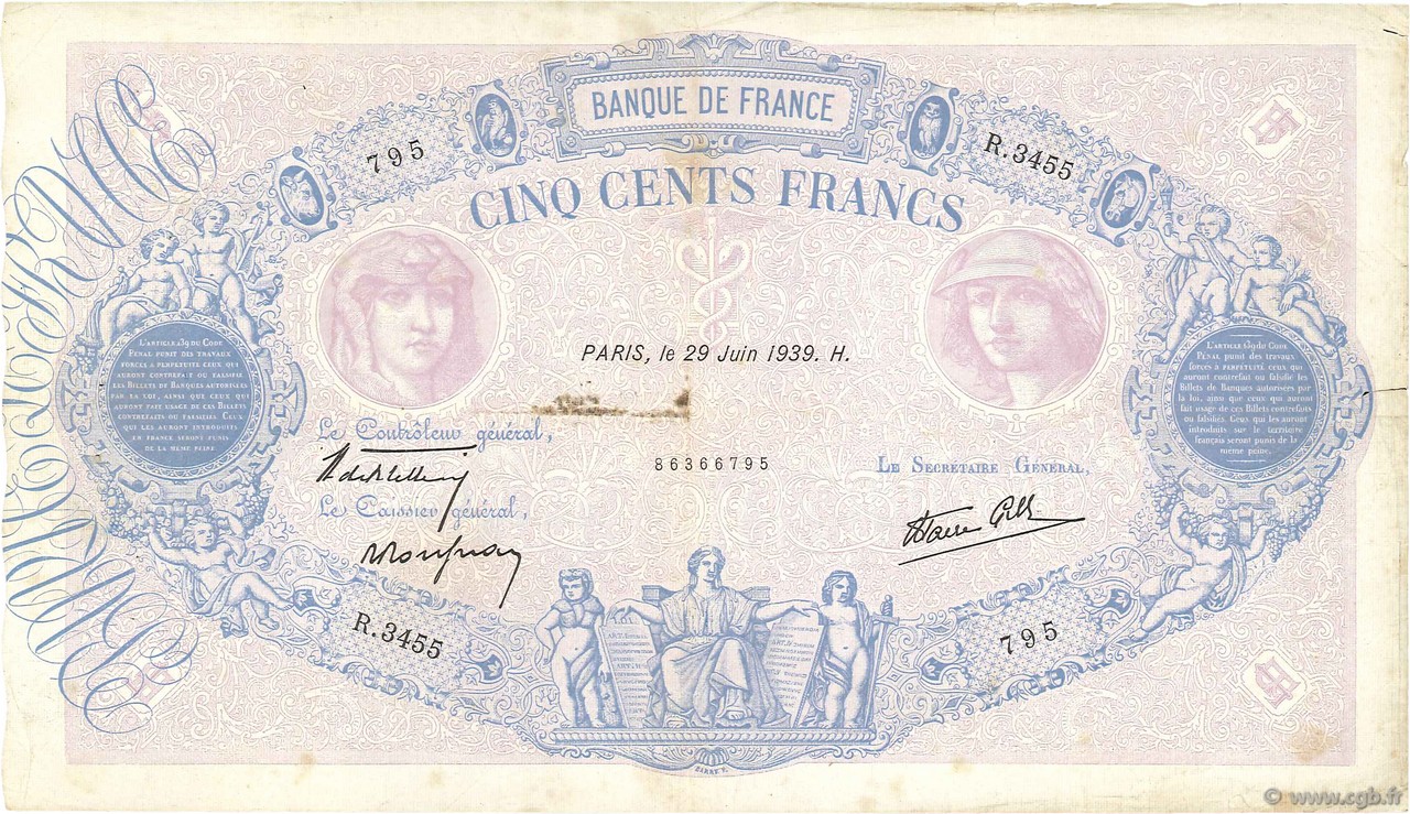 500 Francs BLEU ET ROSE modifié FRANCE  1939 F.31.35 TB