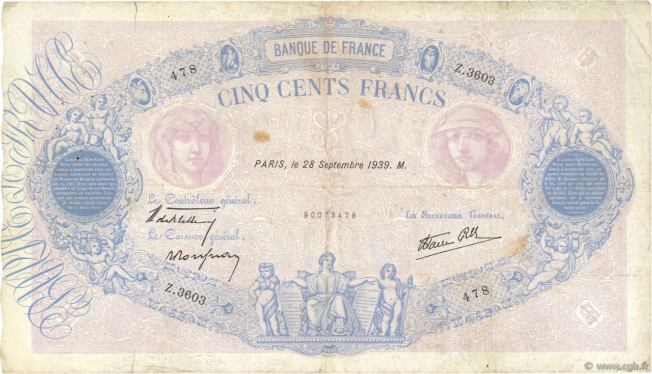 500 Francs BLEU ET ROSE modifié FRANCE  1939 F.31.41 TB
