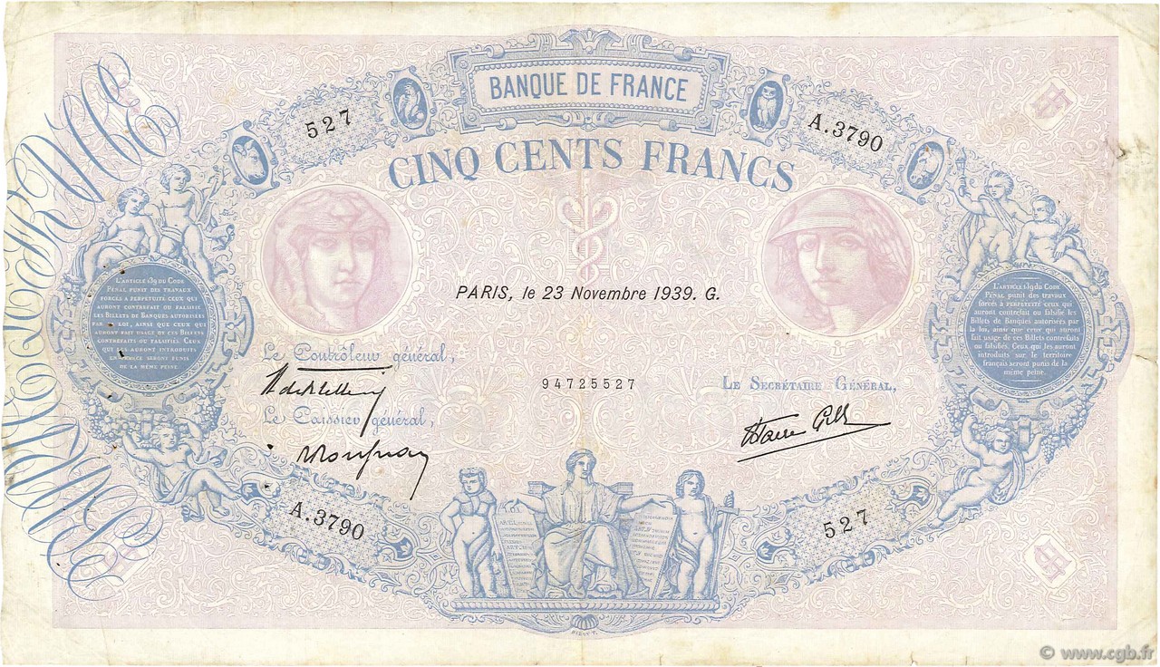 500 Francs BLEU ET ROSE modifié FRANCE  1939 F.31.49 F