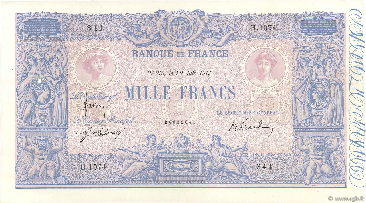 1000 Francs BLEU ET ROSE FRANCE  1917 F.36.31 pr.SUP