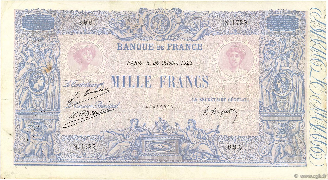 1000 Francs BLEU ET ROSE FRANCE  1923 F.36.39 TB