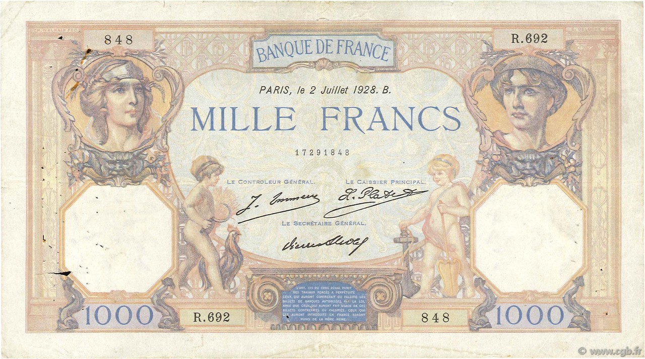 1000 Francs CÉRÈS ET MERCURE FRANCE  1928 F.37.02 TB