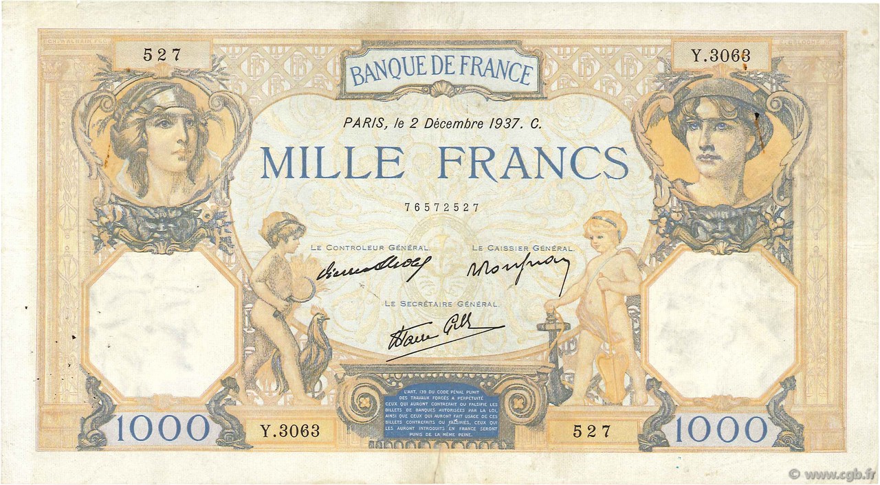 1000 Francs CÉRÈS ET MERCURE type modifié FRANCE  1937 F.38.05 TB