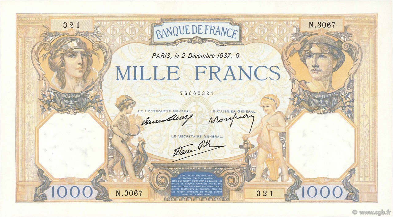 1000 Francs CÉRÈS ET MERCURE type modifié FRANCE  1937 F.38.05 SUP