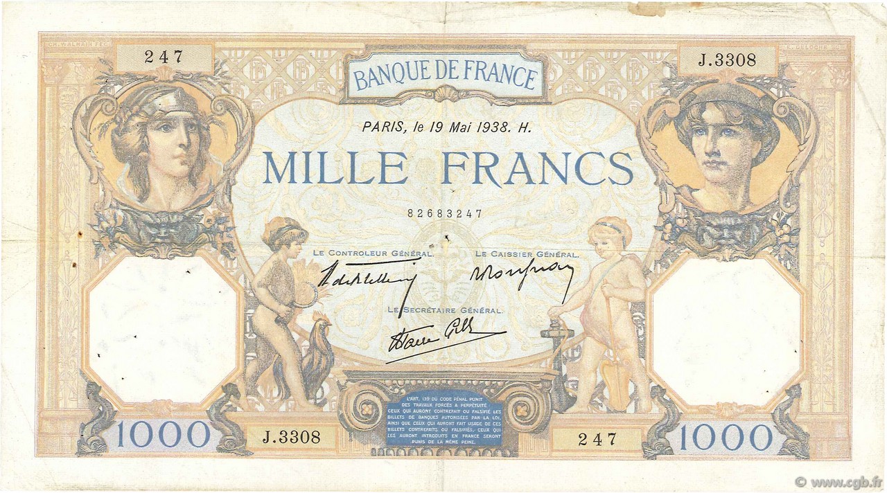 1000 Francs CÉRÈS ET MERCURE type modifié FRANCE  1938 F.38.15 TB