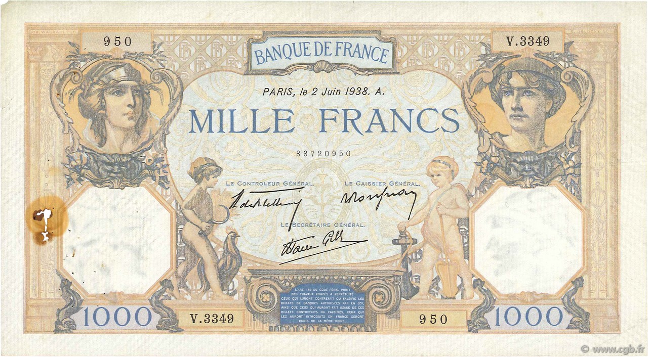 1000 Francs CÉRÈS ET MERCURE type modifié FRANCE  1938 F.38.17 TB+