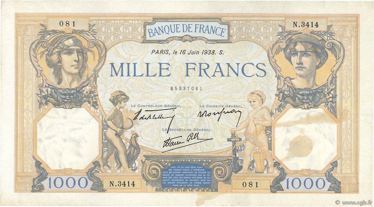 1000 Francs CÉRÈS ET MERCURE type modifié FRANCE  1938 F.38.19 TTB+