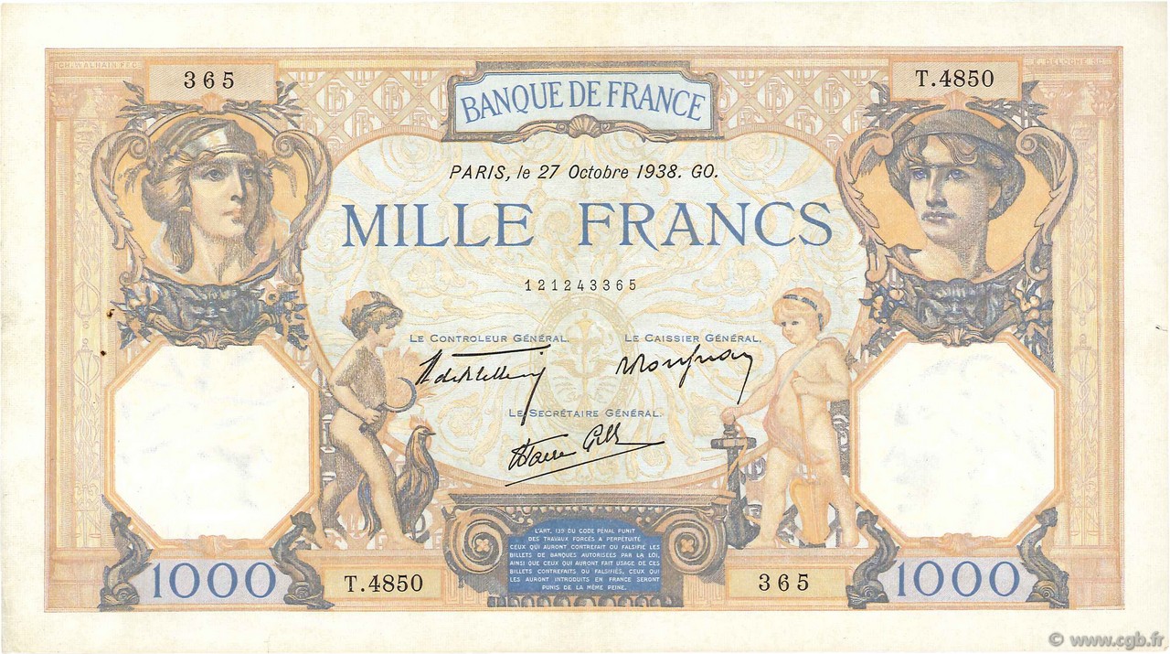 1000 Francs CÉRÈS ET MERCURE type modifié FRANCE  1938 F.38.31 TTB+