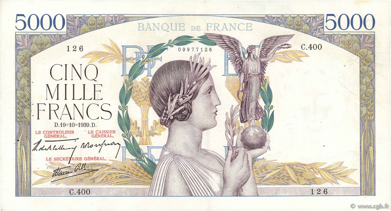 5000 Francs VICTOIRE Impression à plat FRANCE  1939 F.46.15 TTB