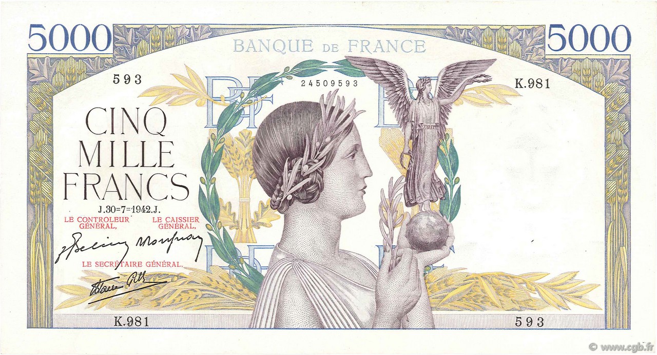 5000 Francs VICTOIRE Impression à plat FRANCE  1942 F.46.39 pr.SPL