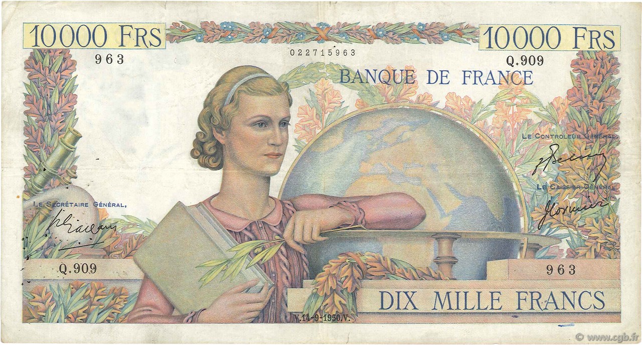 10000 Francs GÉNIE FRANÇAIS FRANCE  1950 F.50.38 TB