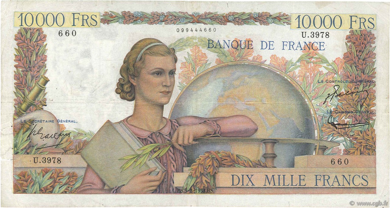 10000 Francs GÉNIE FRANÇAIS FRANCE  1953 F.50.63 TB+