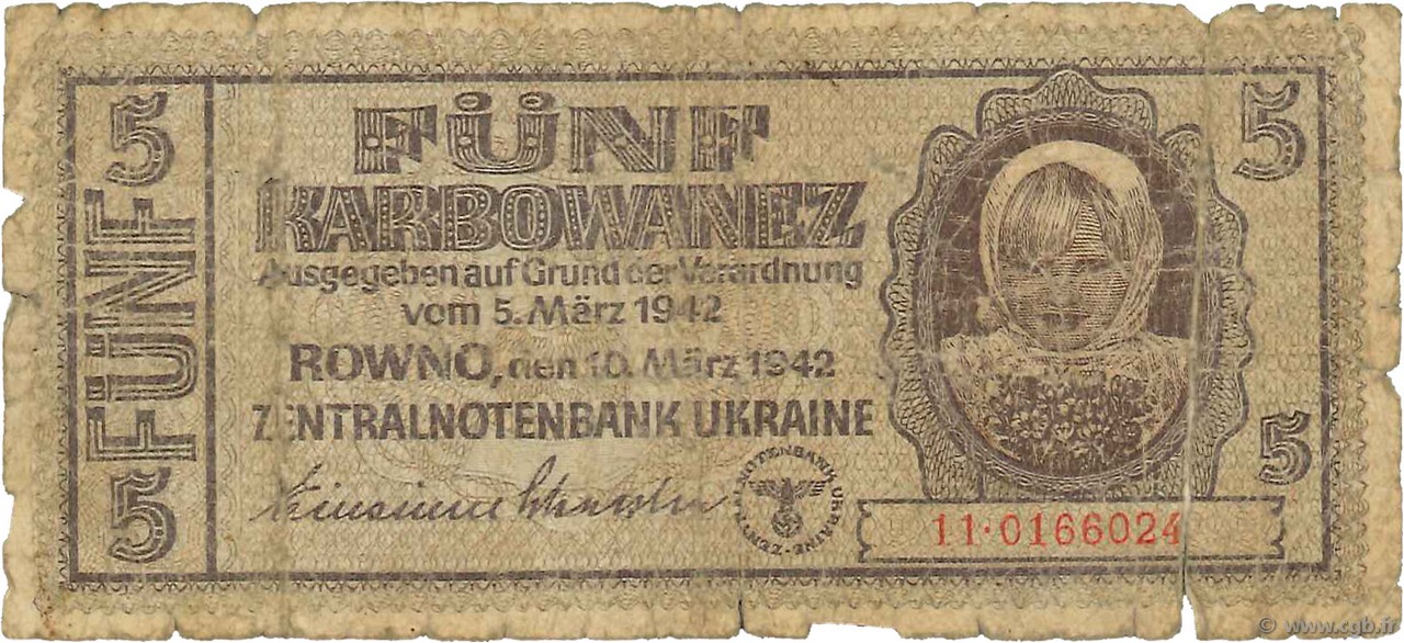 5 Karbowanez UKRAINE  1942 P.051 AB