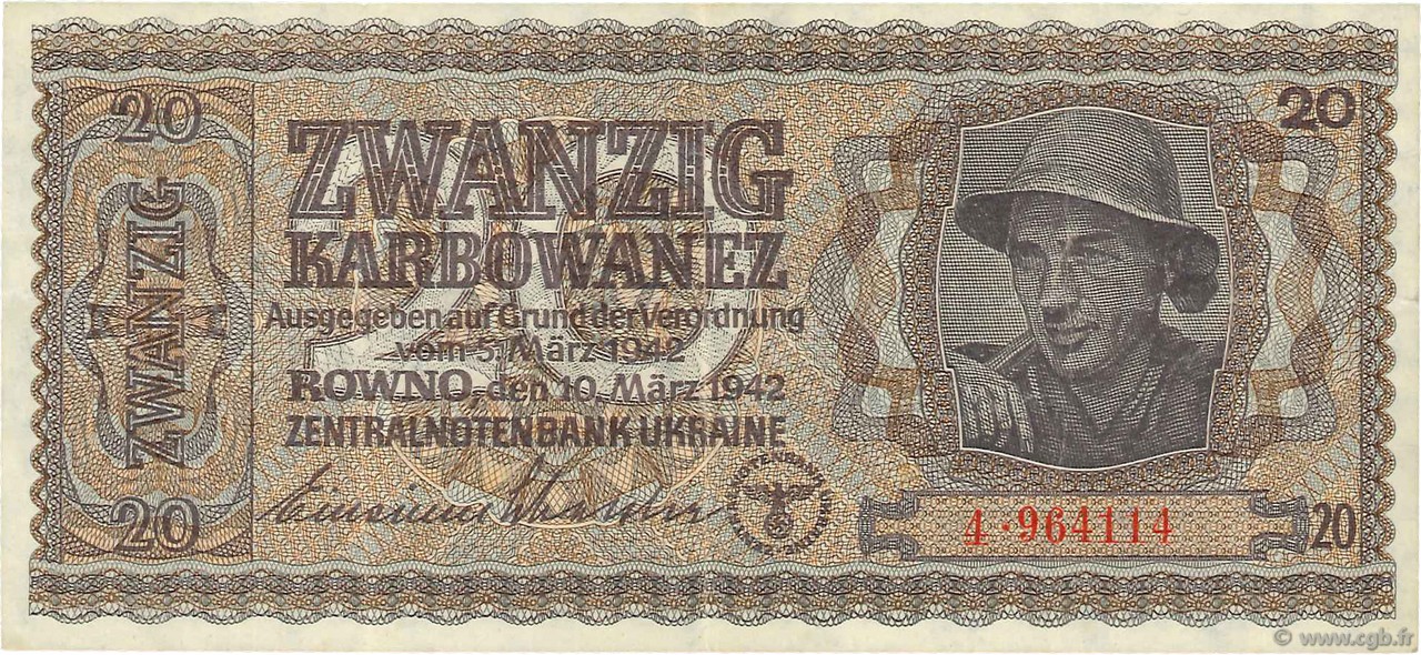 20 Karbowanez UKRAINE  1942 P.053 TTB