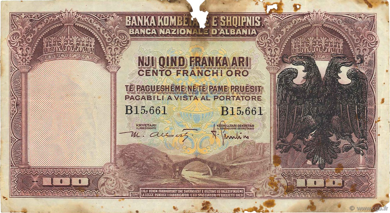 100 Franka Ari ALBANIE  1939 P.05 B+