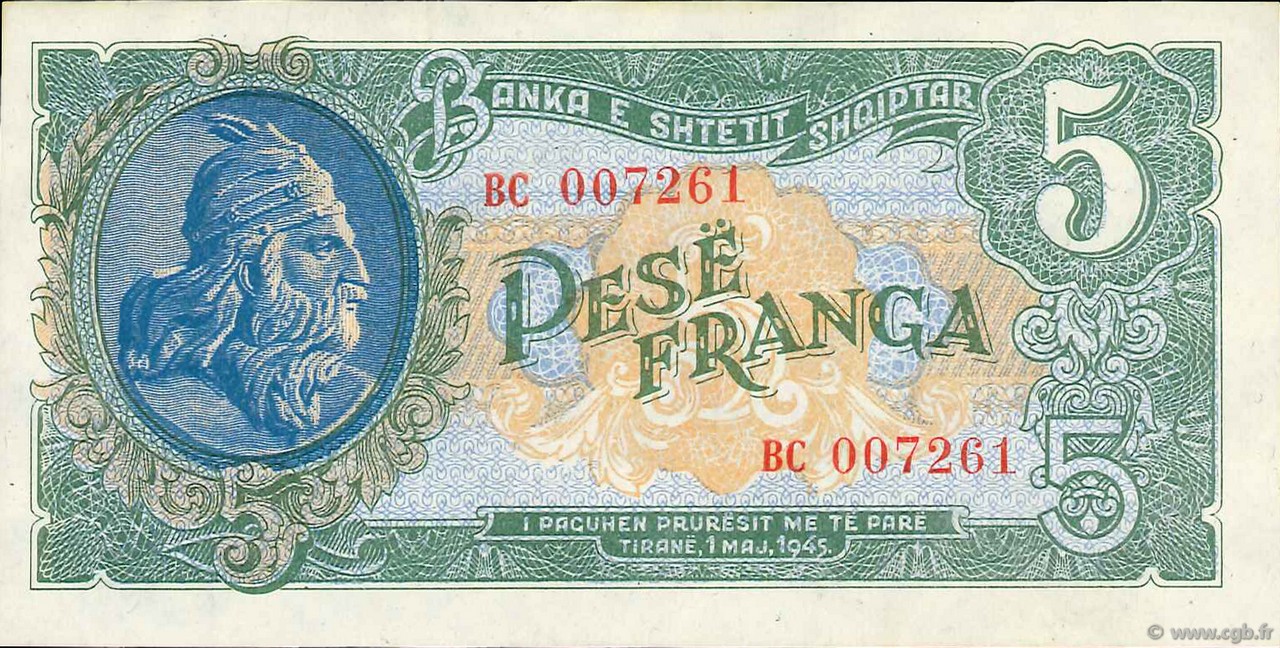 5 Franga ALBANIE  1945 P.15 pr.NEUF