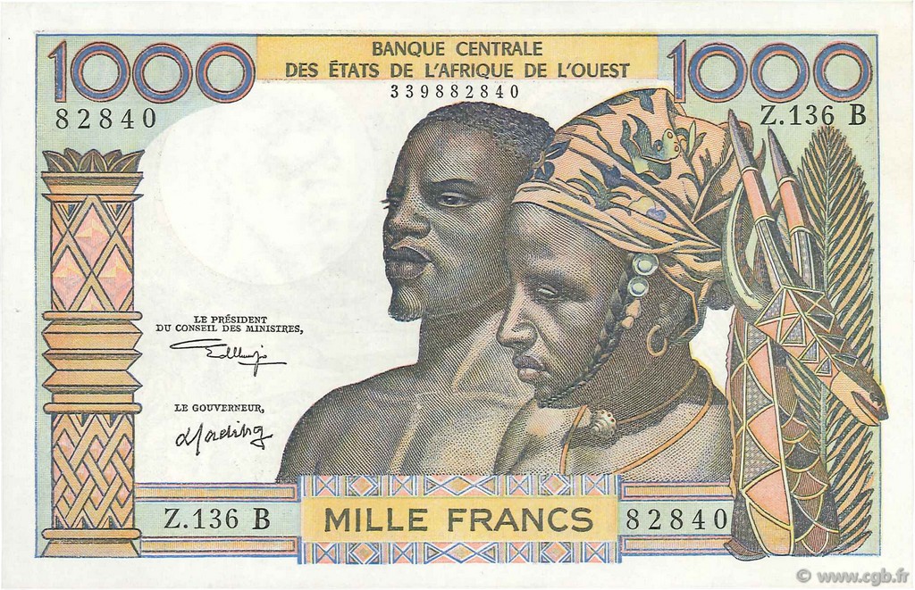 1000 Francs WEST AFRIKANISCHE STAATEN  1970 P.203Bl fST+
