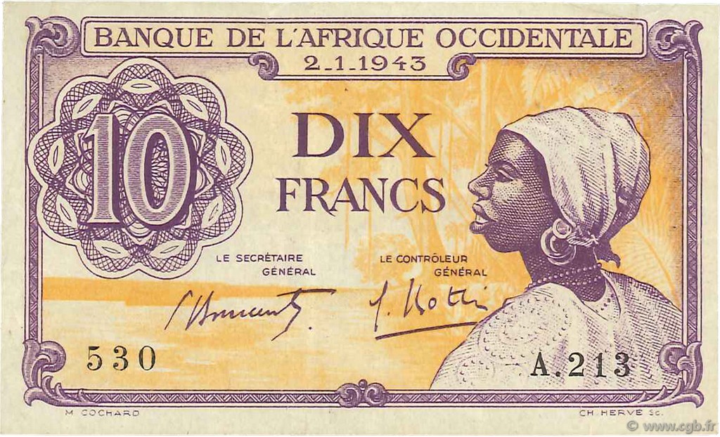 10 Francs FRENCH WEST AFRICA  1943 P.29 fVZ